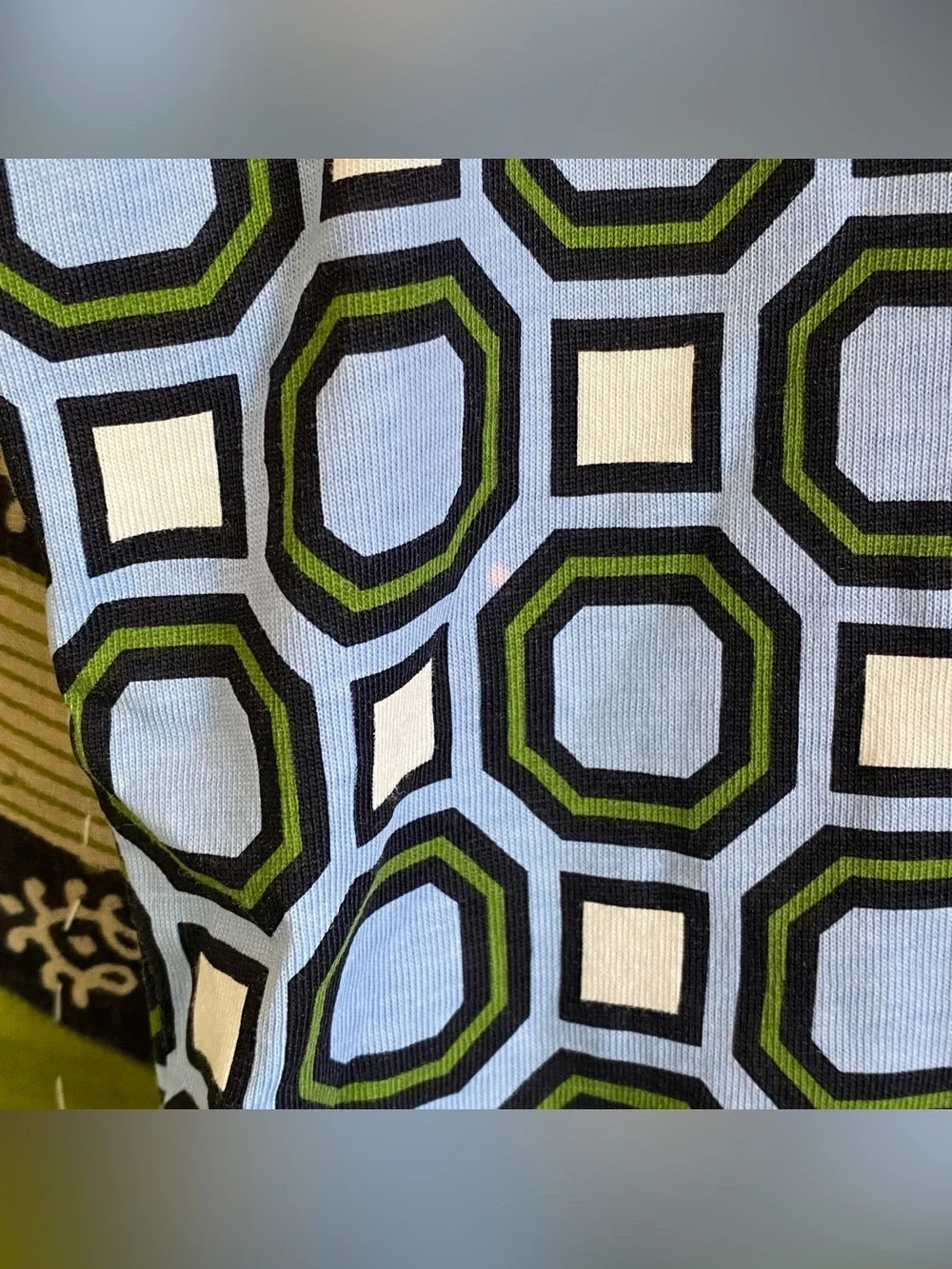 Tory Burch Louis Blue/ White/ Green Geometric Print Cotton T-Shirt Size Medium